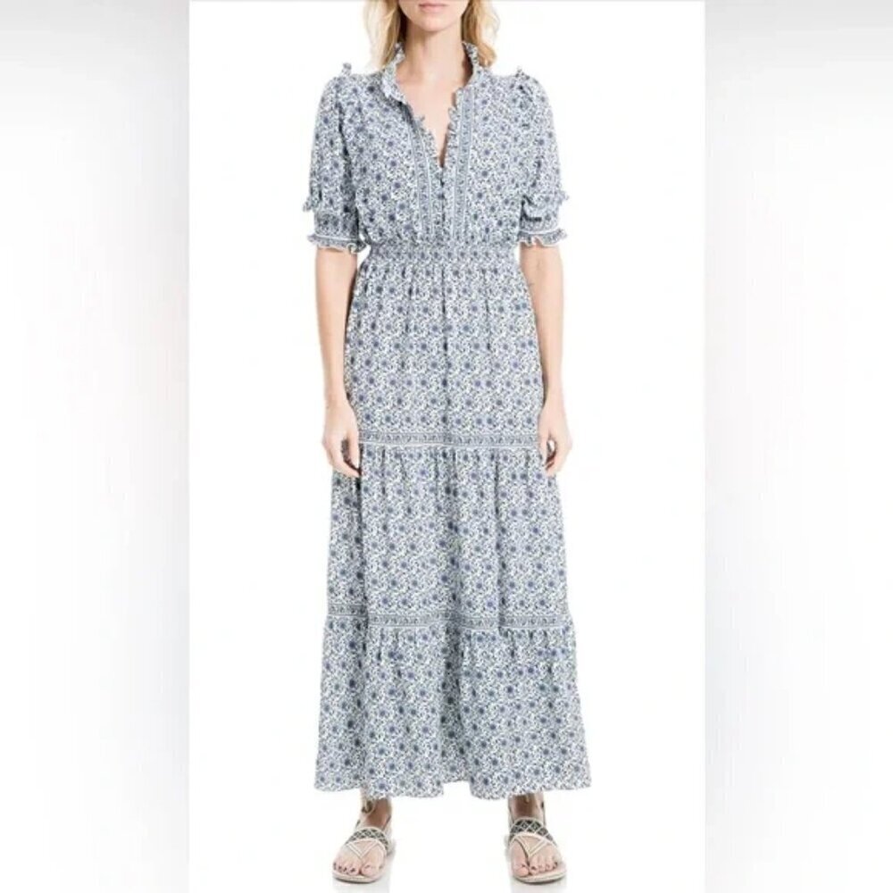 Max Studio Dress L VNeck Elbow Sleeve Boho Floral Print Tiered Maxi Flowy Casual